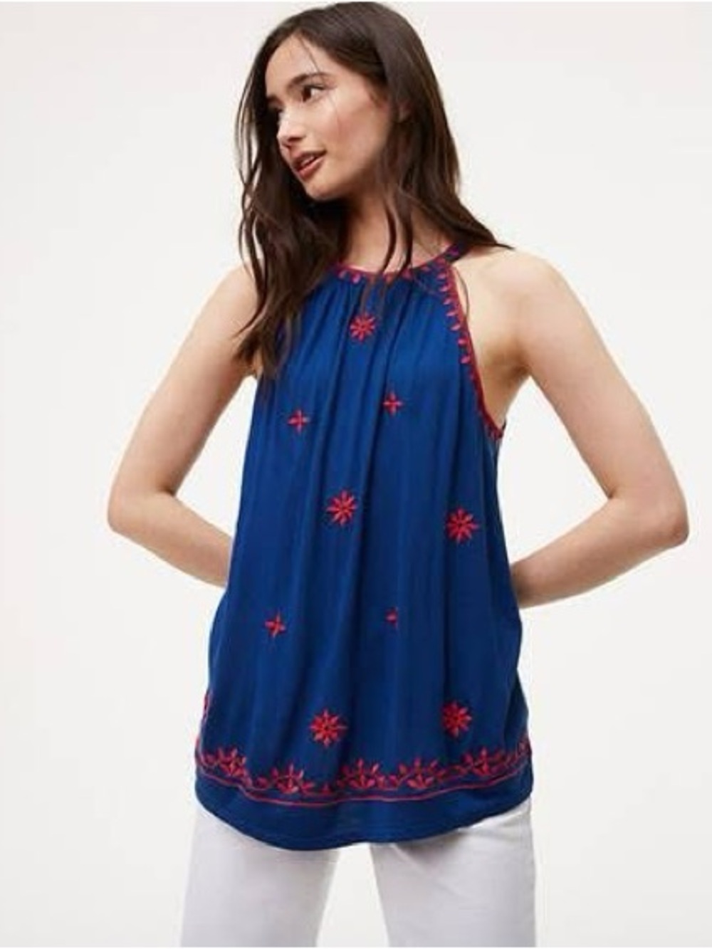 LOFT Blue Halter Tank with Red Embroidery - Picture 2 of 6